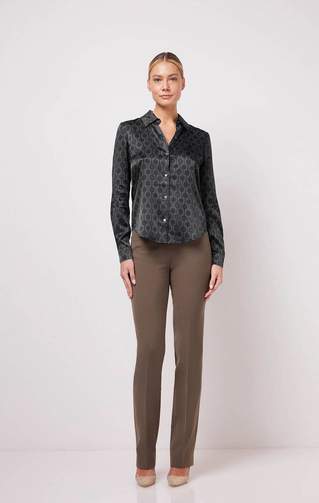 Syncopation - Geometric Print Stretch Silk Satin Blouse - On Model Image