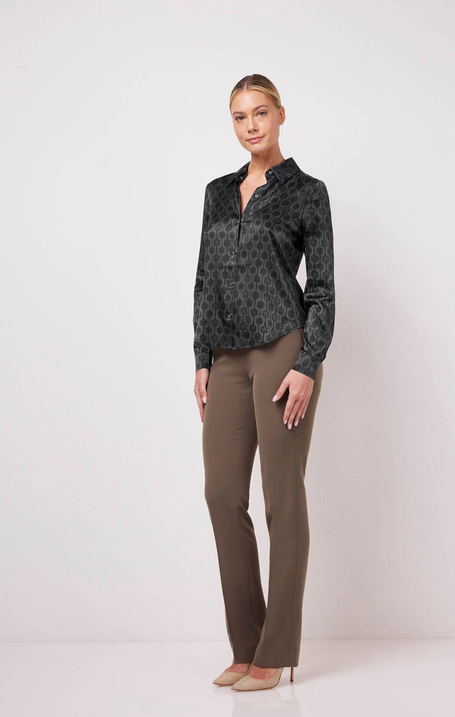 Syncopation - Geometric Print Stretch Silk Satin Blouse - On Model Image