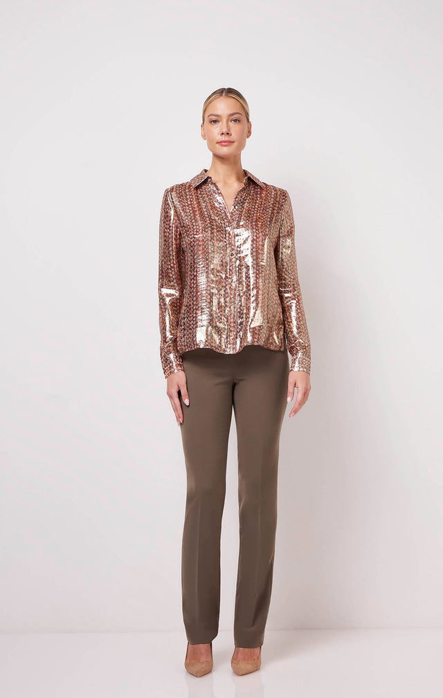 Premiere - Metallic Silk Blouse In A Textile Print - On Model Image