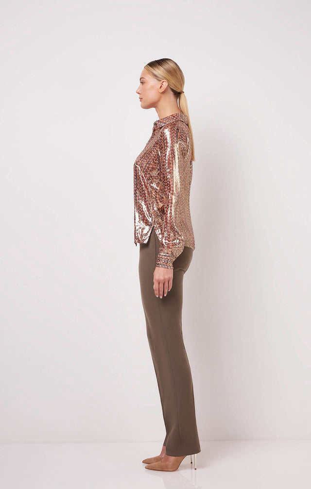 Premiere - Metallic Silk Blouse In A Textile Print - On Model Image