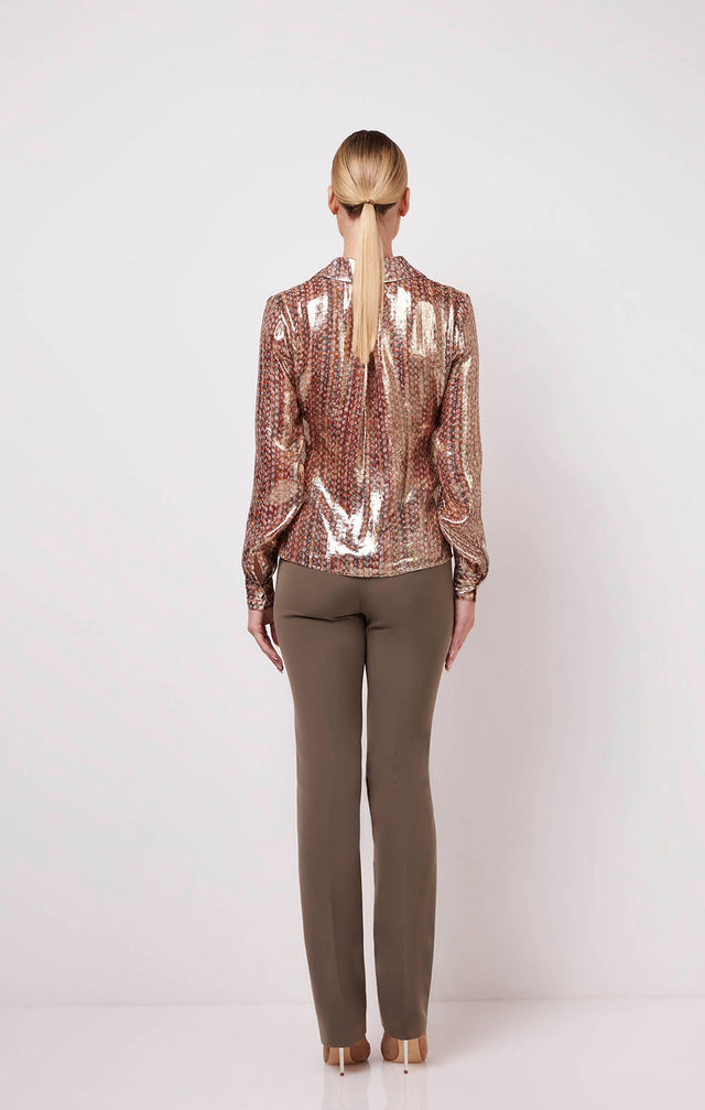 Premiere - Metallic Silk Blouse In A Textile Print - On Model Image