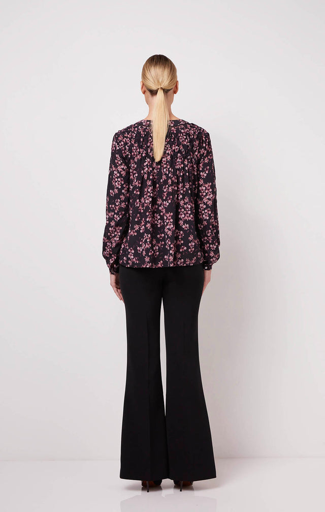 Blossoming - Smocked Stretch Silk Crêpe Floral Print Blouse - On Model Image