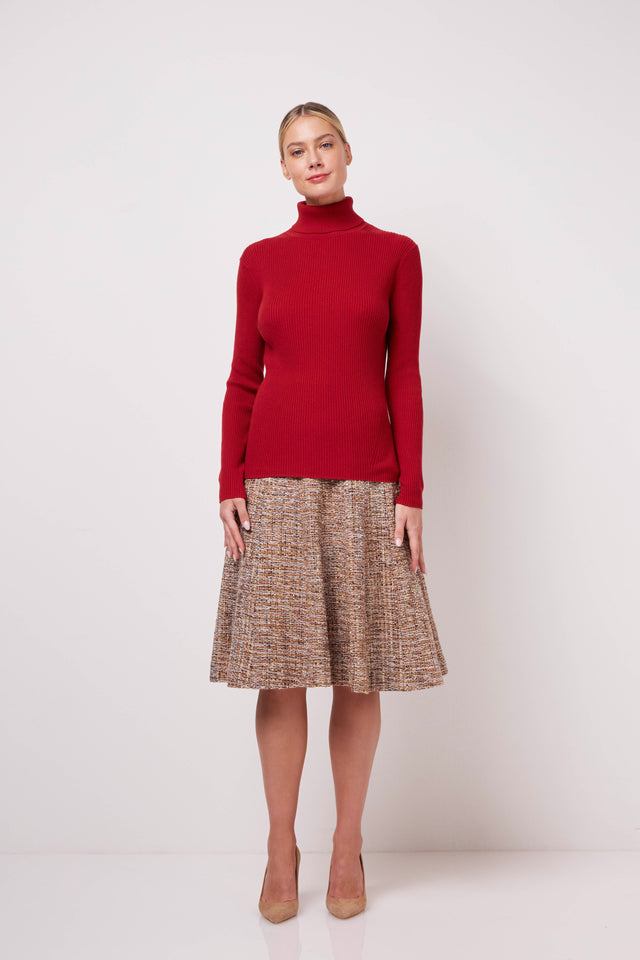 Ruby Pave - Red Ribbed Turtleneck Sweater - On Model Image