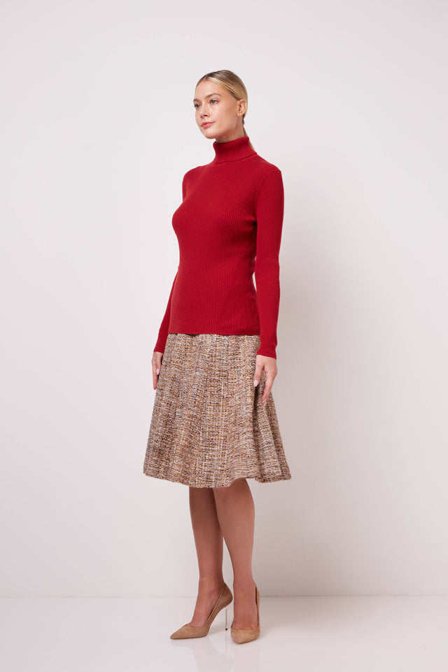 Ruby Pave - Red Ribbed Turtleneck Sweater - On Model Image