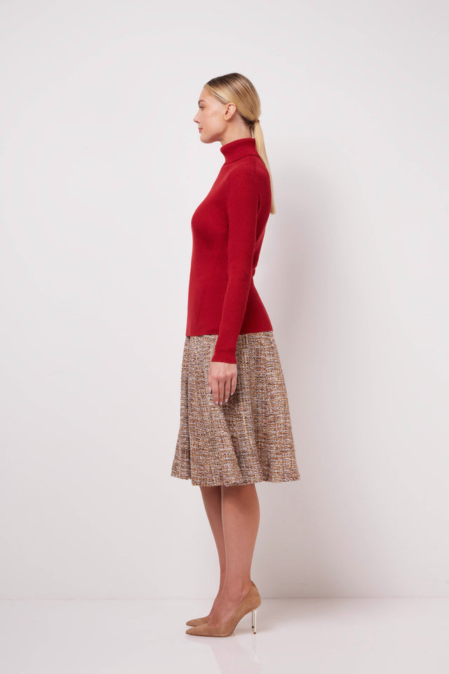 Ruby Pave - Red Ribbed Turtleneck Sweater - On Model Image