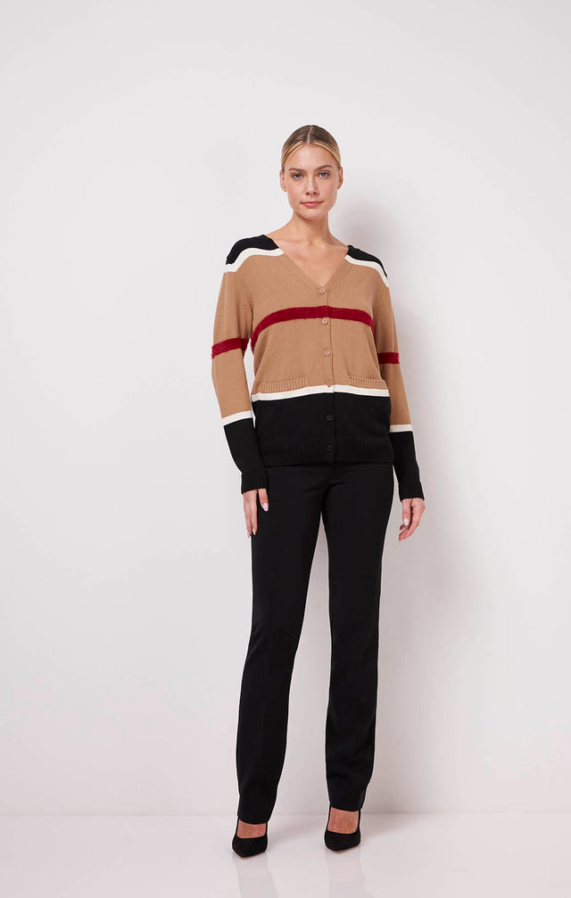 Agile - Cotton Colorblock Cardigan With Faux-Fur Red Stripe - On Model Image