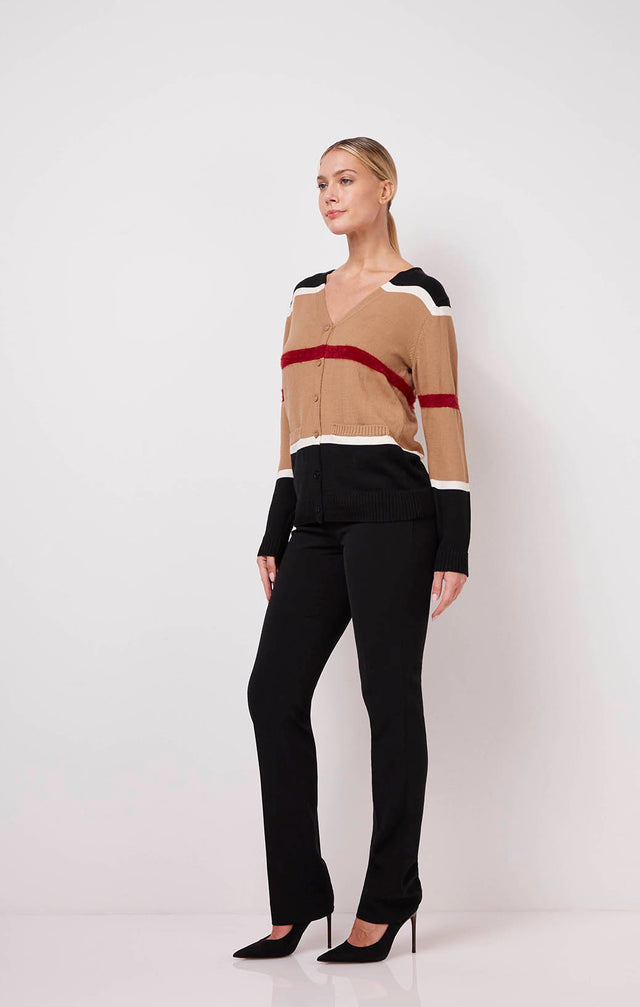 Agile - Cotton Colorblock Cardigan With Faux-Fur Red Stripe - On Model Image