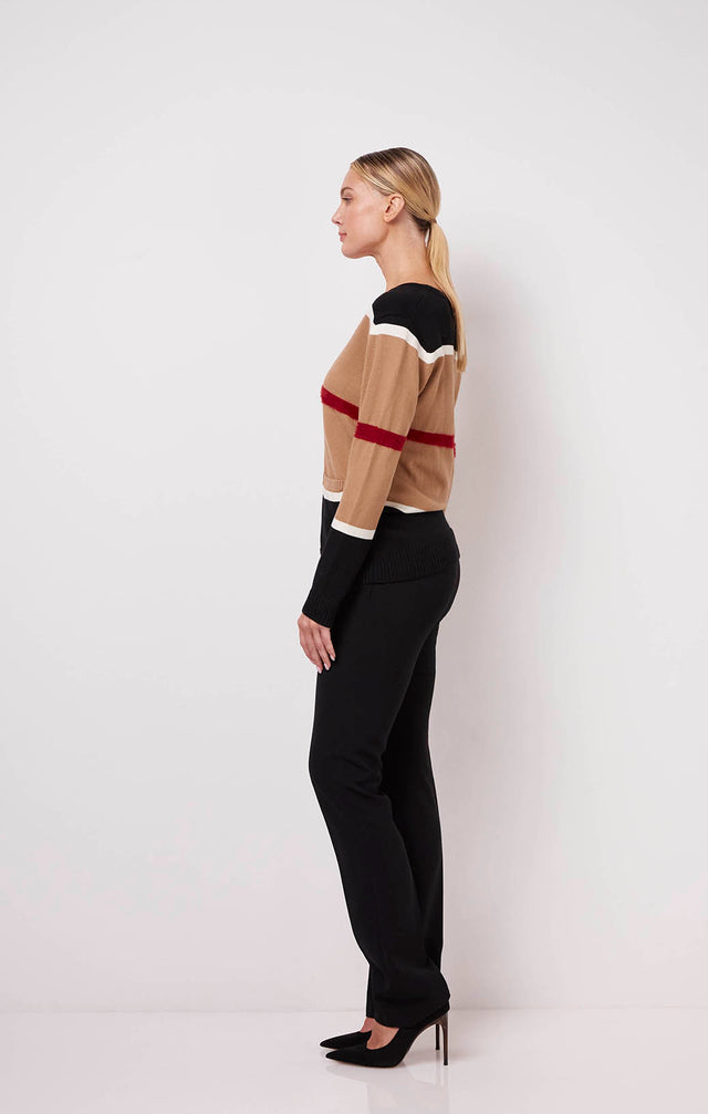 Agile - Cotton Colorblock Cardigan With Faux-Fur Red Stripe - On Model Image