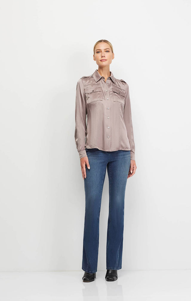 Retreat-Irn - Silk-Rich Satin Utility Blouse - On Model Image