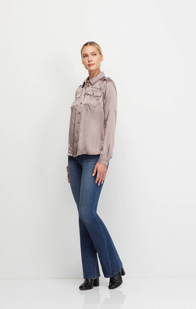 Retreat-Irn - Silk-Rich Satin Utility Blouse - On Model Image