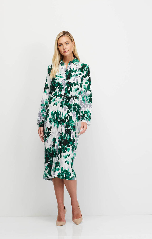 Sonnet - Leaf Print Shirt Dress In Matte Jersey - Ecomm Image