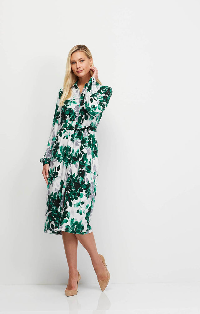 Sonnet - Leaf Print Shirt Dress In Matte Jersey - Ecomm Image