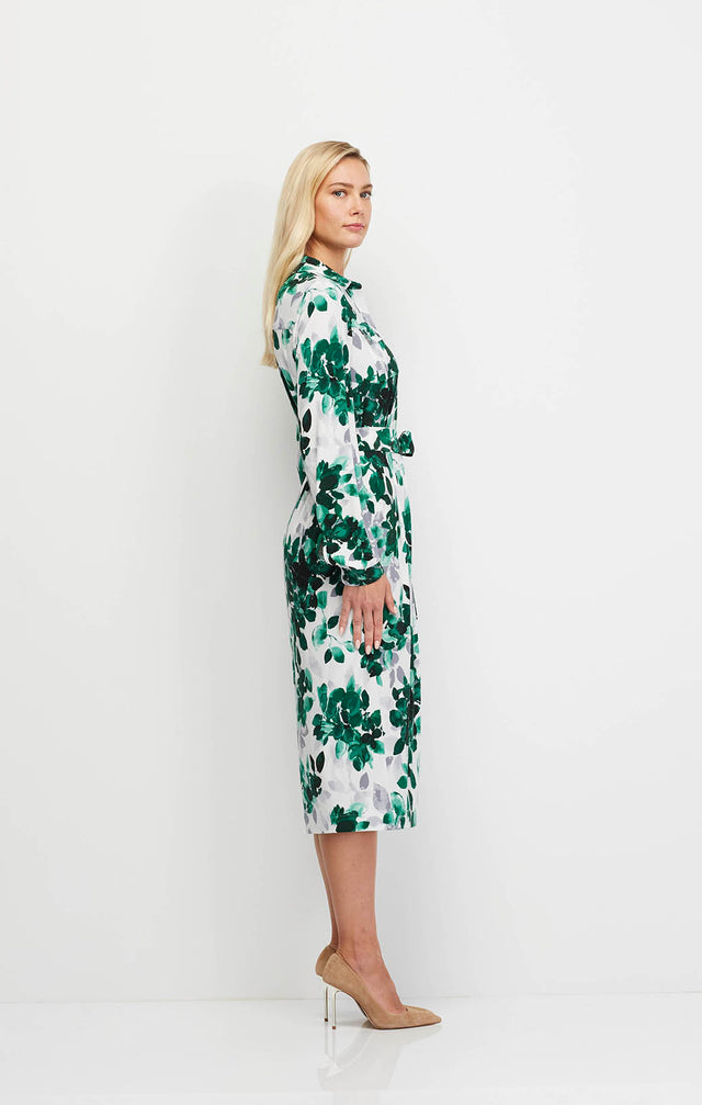 Sonnet - Leaf Print Shirt Dress In Matte Jersey - Ecomm Image