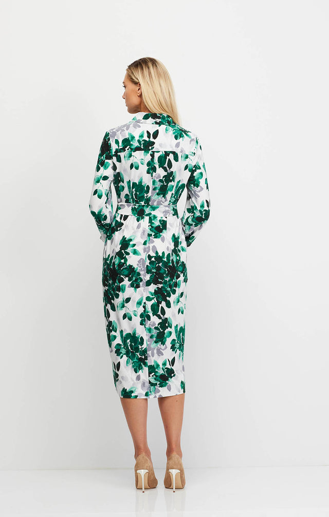 Sonnet - Leaf Print Shirt Dress In Matte Jersey - On Model Image