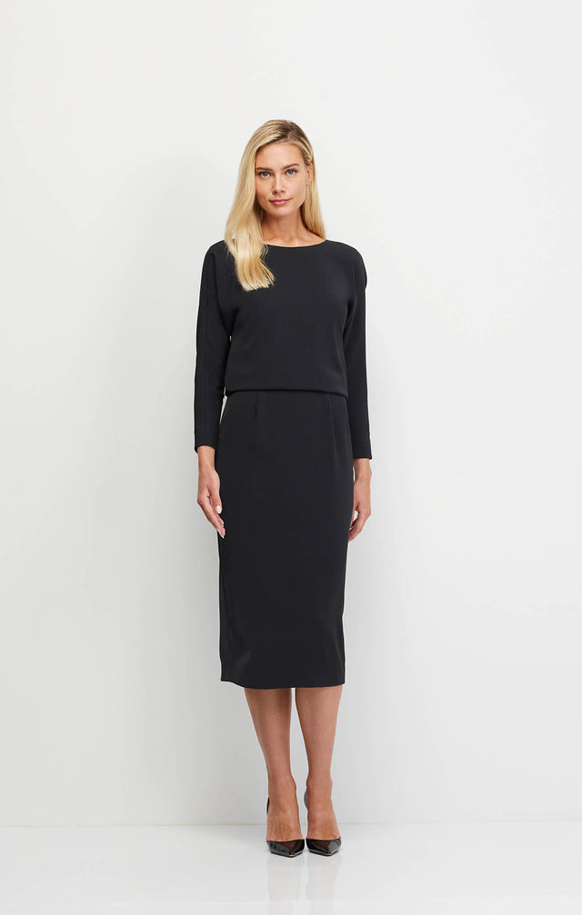 Attitude - Black Twill Crêpe Blouson Dress - Ecomm Image