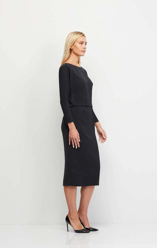 Attitude - Black Twill Crêpe Blouson Dress - Ecomm Image