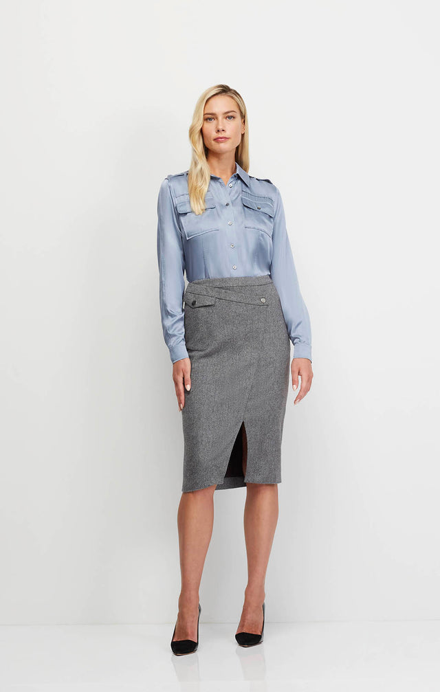 Elevation - Silk-Softened Italian Herringbone Tweed Skirt - On Model Image