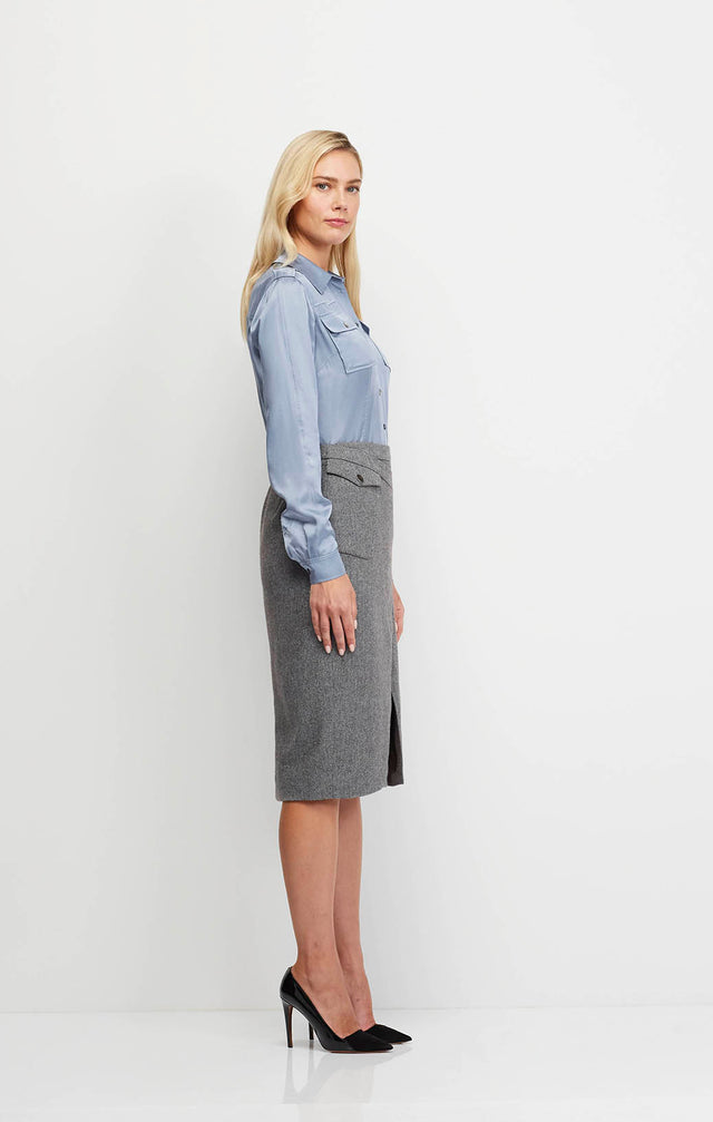 Elevation - Silk-Softened Italian Herringbone Tweed Skirt - On Model Image