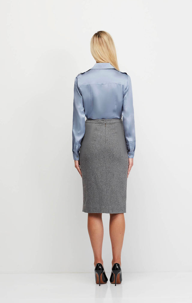 Elevation - Silk-Softened Italian Herringbone Tweed Skirt - On Model Image