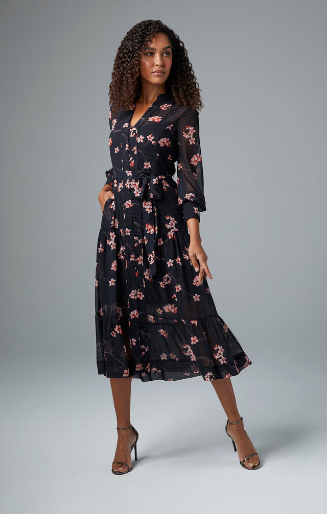 Kyoto - Tiered Floral Print Georgette Dress - On Model Image