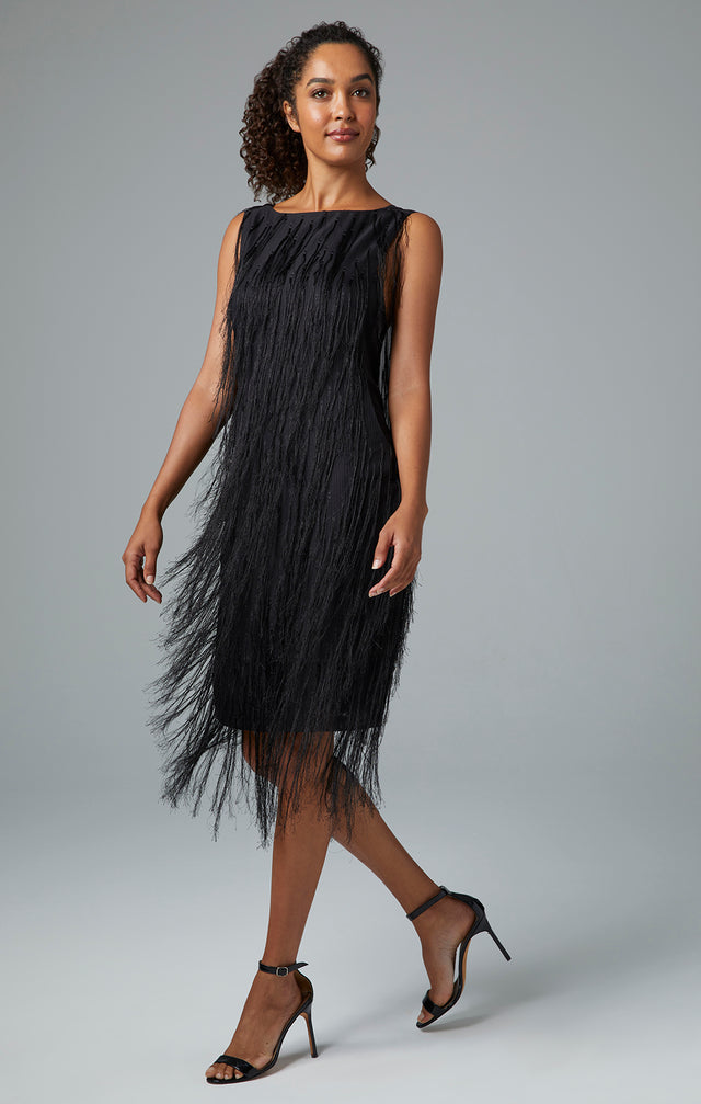 Zelda - Fringed Black Cocktail Dress - On Model Image