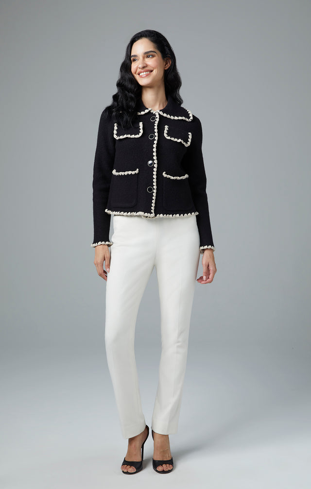 Lookbook image of a model wearing the Contrast jacket.