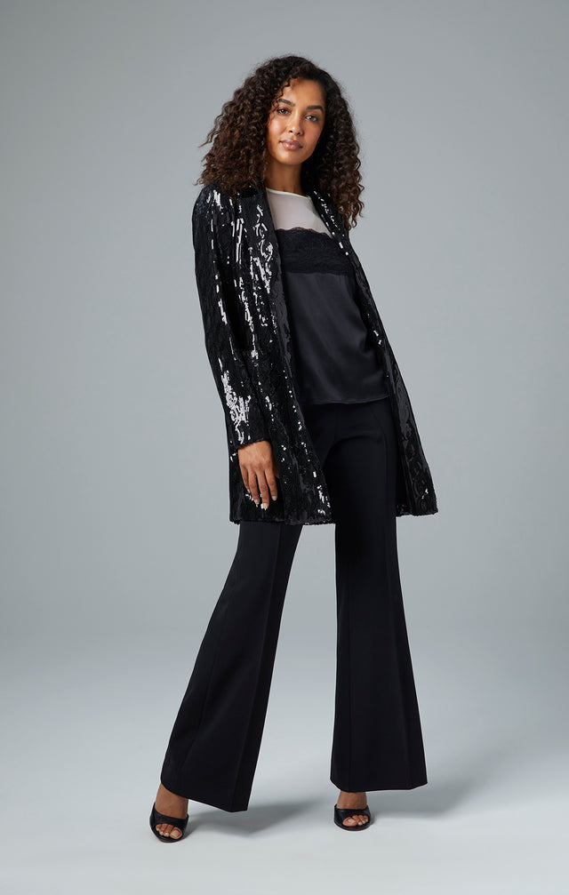 Singapore - Black Stretch Double-Weave Flared Pants - On Model Image