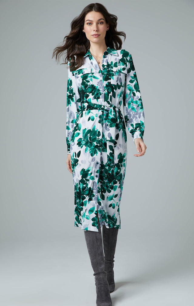 Sonnet - Leaf Print Shirt Dress In Matte Jersey - Lookbook Image