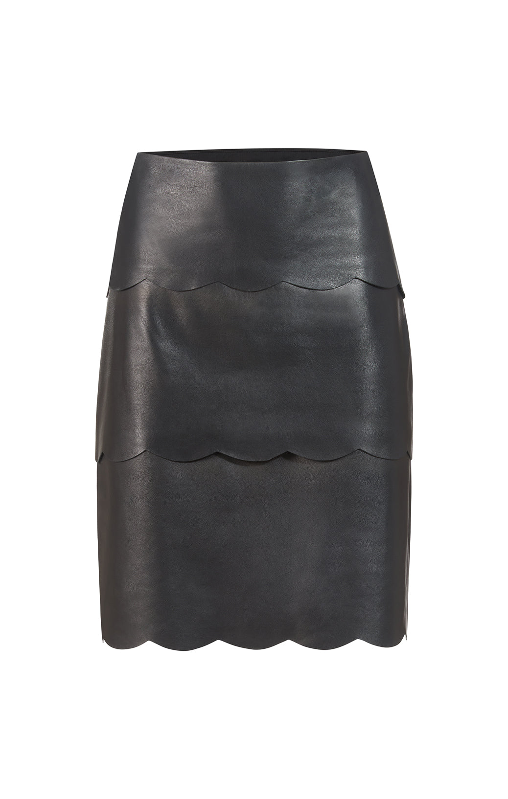 Stratified - Tiered Skirt In Scalloped Black Leather - Product Image