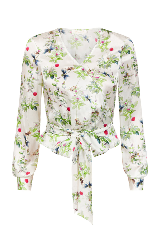 Ephemera - Botanical-Print Wrap-Look Blouse In Silk-Rich Satin - Product Image